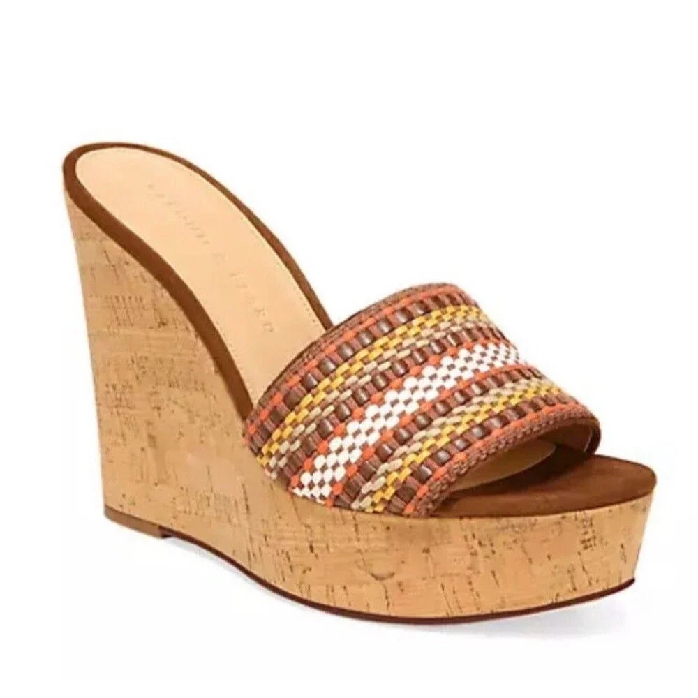 Veronica Beard Dali Raffia Wedge Sandals In Brown Multi Sz 9.5 New